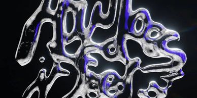 Abstract clear liquid forming shapes with blue highlights.