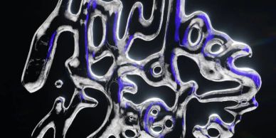 Abstract clear liquid forming shapes with blue highlights.