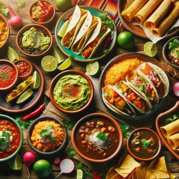A vibrant spread of Mexican food with tacos, guacamole, and chips.