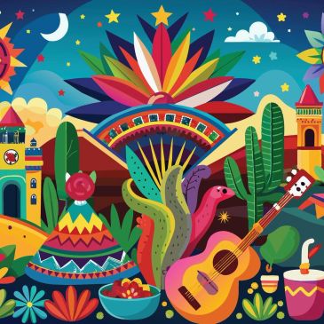 Colorful Mexican-themed illustration with guitar and cacti.