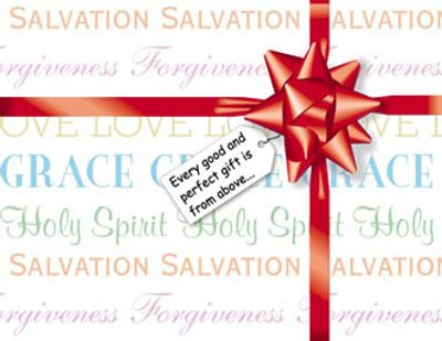 Gift with red bow and tag that reads, "Every good and perfect gift is from above..."
