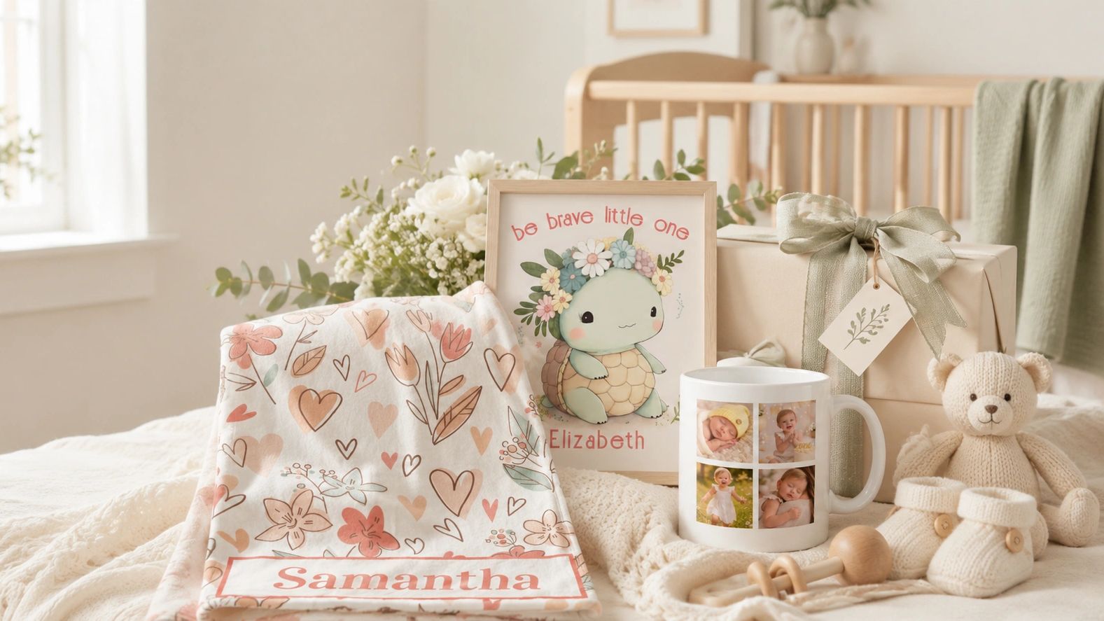 Cozy baby items with personalized names and soft colors.