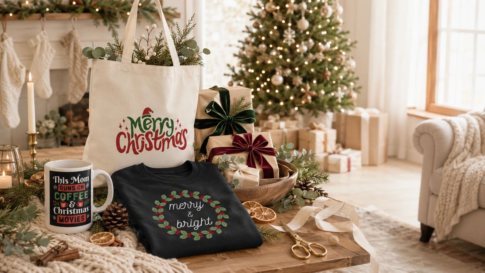 Christmas-themed cozy home setup with gifts and decorations.