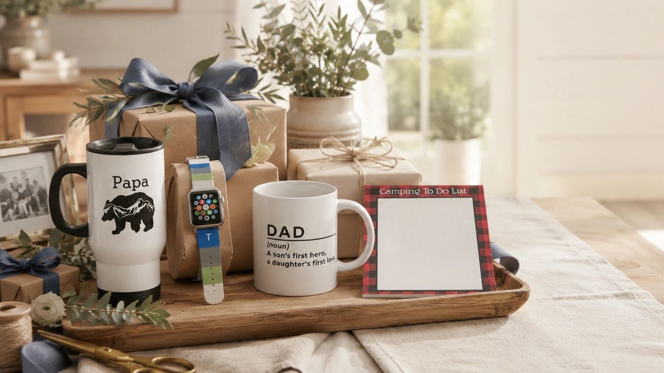 Gift set for dads with mugs, watch, and a camping to-do list.