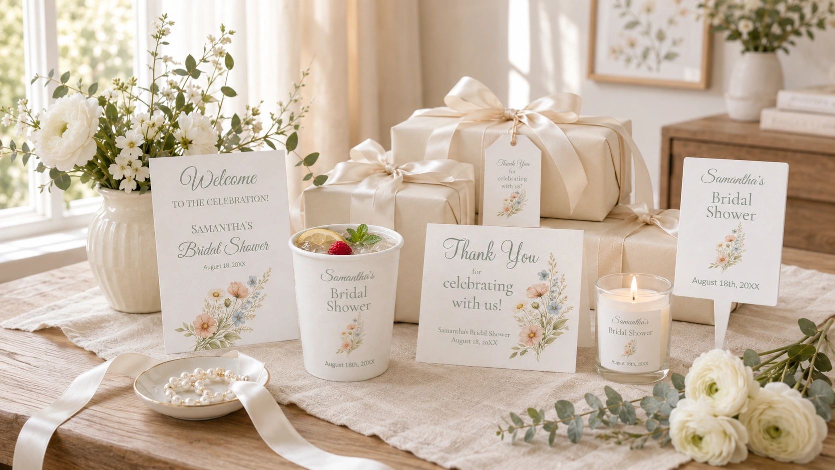 Elegant bridal shower decorations and gifts with floral designs.