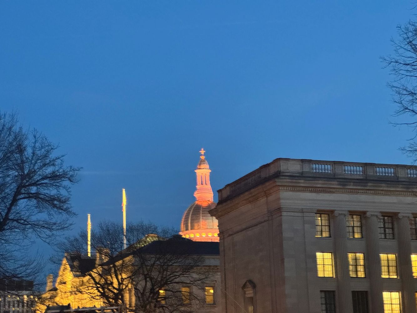 Illuminated dome and buildings at dusk with clear blue sky.