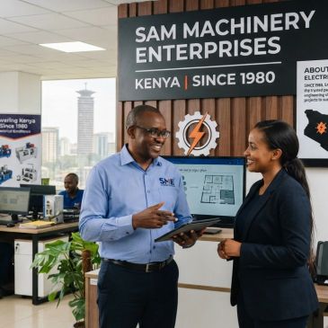 Two professionals discussing inside Sam Machinery Enterprises in Kenya.