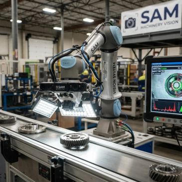 Robotic arm inspects gears on a production line with vision system.