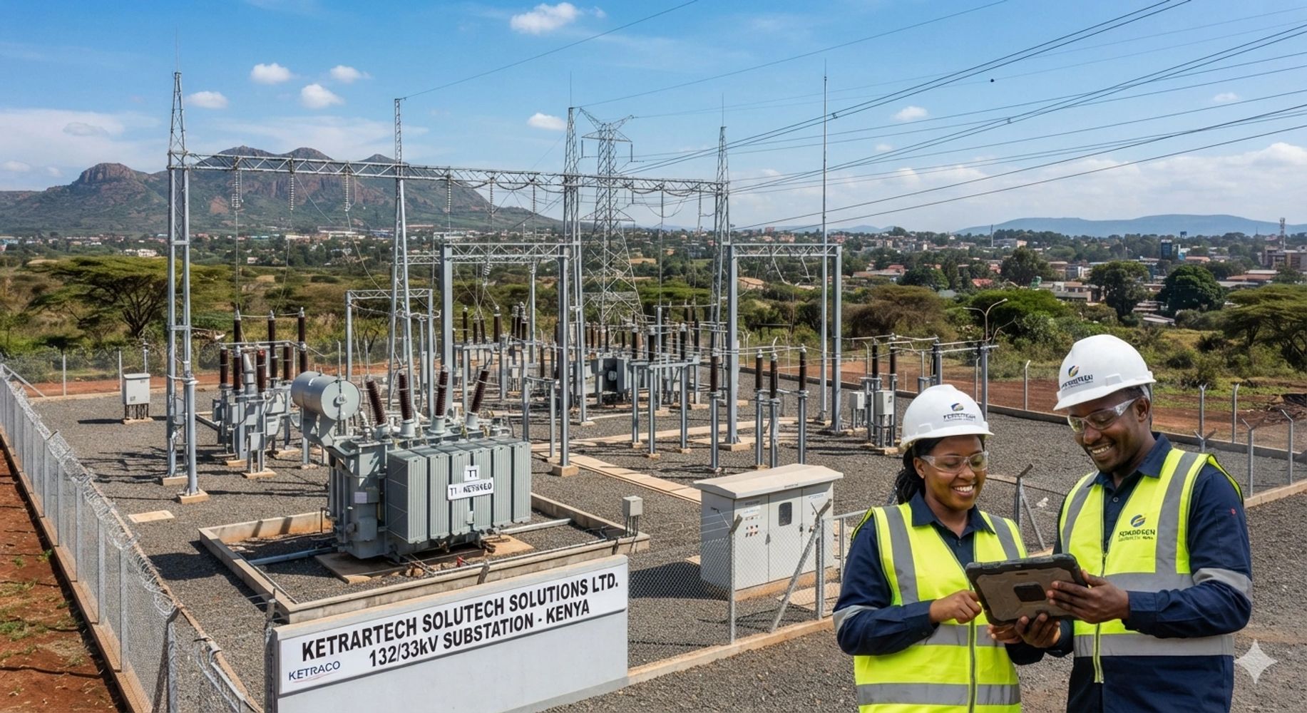 Two engineers at a Kenyan electrical substation.
