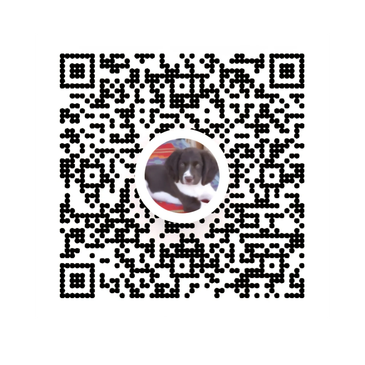 QR code with a small image of a black and white dog in the center.