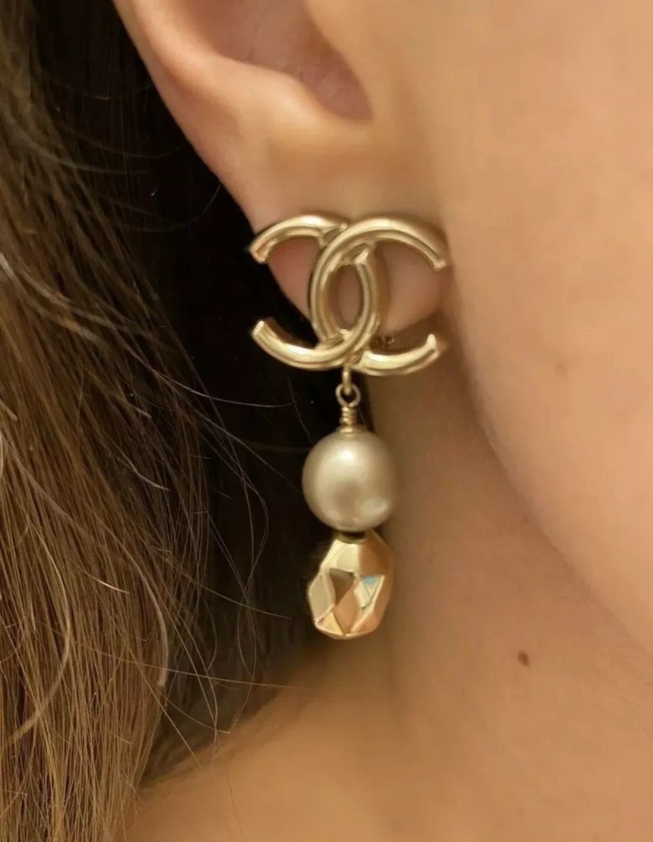 Chanel 12P Brushed Gold CC Logo Dangle Drop Pierced Earrings