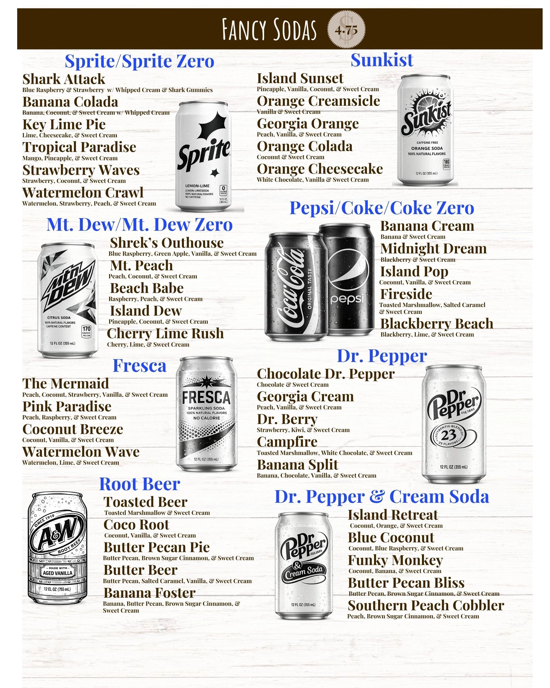 Fancy soda menu with unique flavors for different soda brands.