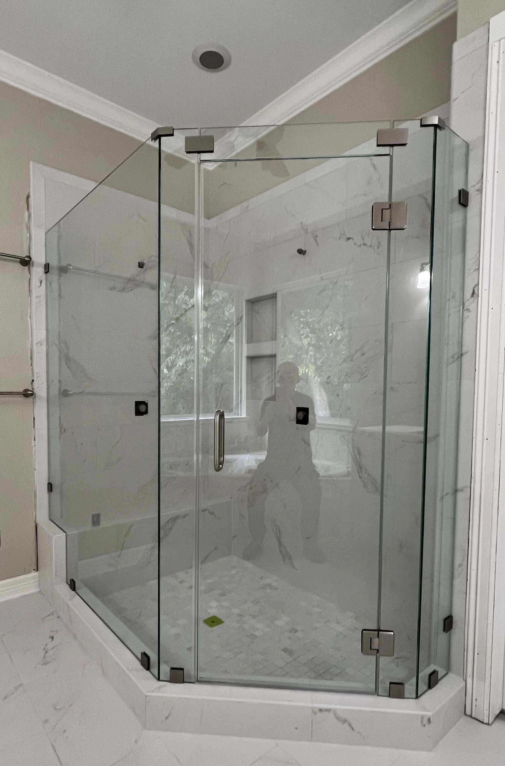 Custom 3/8 clear tempered frameless glass shower enclosure by Century Glass