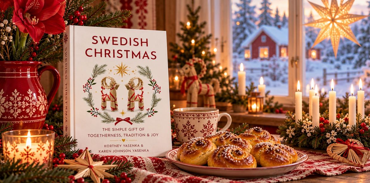 Cozy Swedish Christmas scene with traditional decorations and pastries.