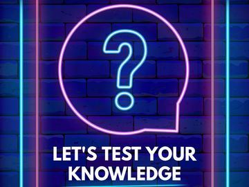 Neon sign with a question mark and text inviting to test knowledge.