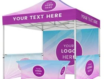 Customizable promotional tent with purple branding space for logos and text.