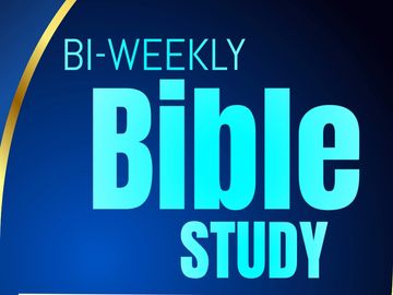 Bi-weekly Bible study announcement with bold blue text on dark background.