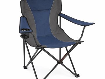 Blue and gray folding camping chair with cup holder.