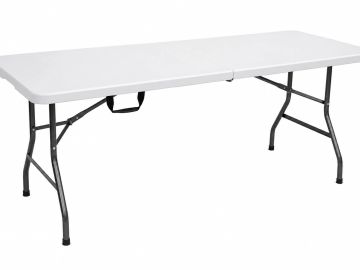 Foldable white plastic table with black metal legs.