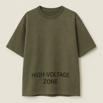 Olive green T-shirt with 'HIGH-VOLTAGE ZONE' text on the front.