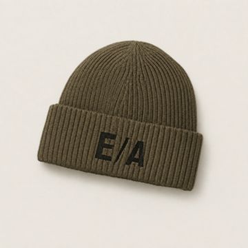 Olive green ribbed knit beanie with black E/A logo on the folded cuff.
