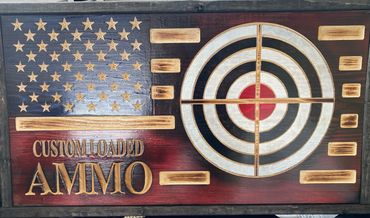 A wooden board with a target and a flag