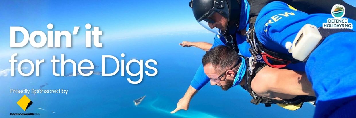 Tandem skydiving over clear blue waters, promoting Defence Holidays NQ.