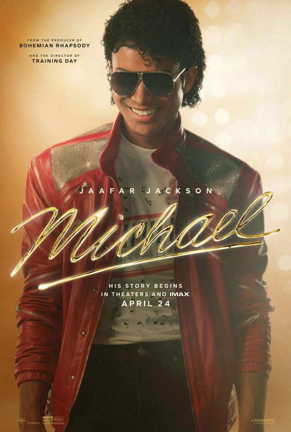 Movie poster for "Michael" featuring Jaafar Jackson in a red jacket and sunglasses.