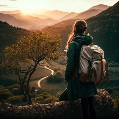 A serene image of a traveler, wearing comfortable vegan clothing carrying a cruelty-free backpack.