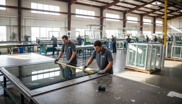 Workers measuring a large glass pane in a spacious factory.