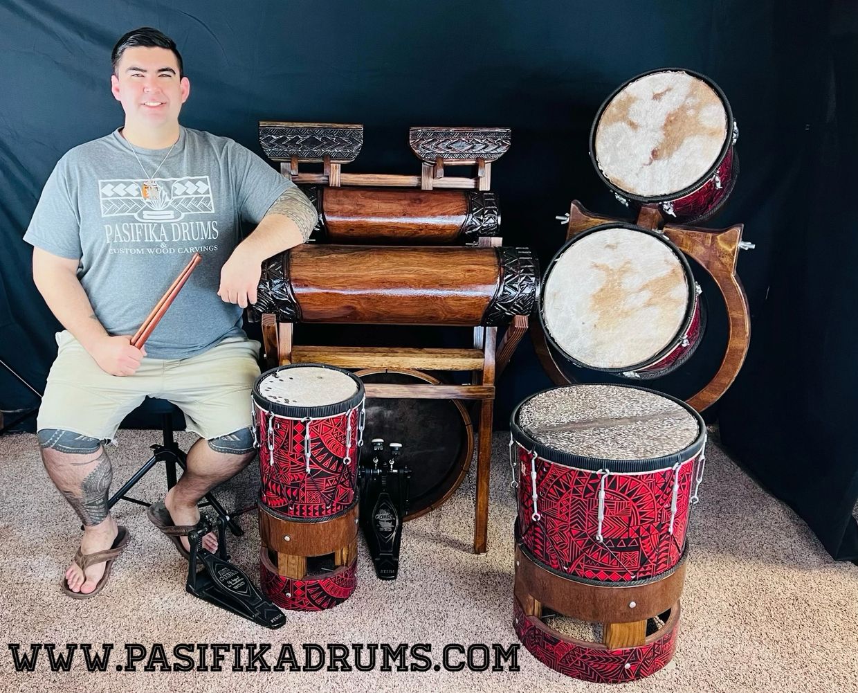 Polynesian Drum Set Pasifika Drums and Custom Wood Carvings