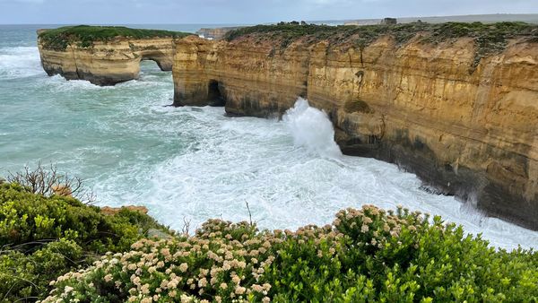 Waves breaking on the cliffs in Port Campbell National Park, Great Ocean Road, Australia