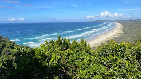 Beach, waves and sand viewed from Cape Byron Lighthouse Track, Byron Bay, Australia