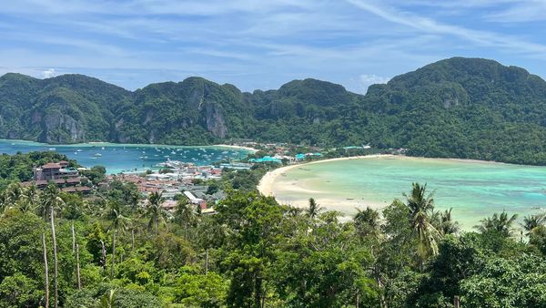 Two bays and beaches seen from viewpoint in Koh Phi Phi, island, Thailand
