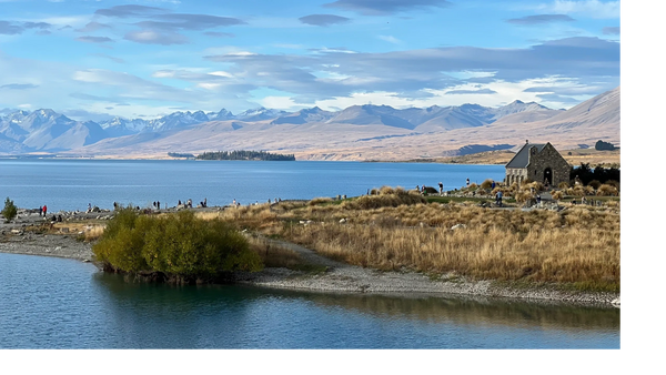 Church in front of lake and mountains, The Church of the Good Shepherd, Lake Tekapo, New Zealand