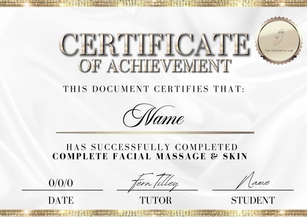 Certificate of achievement for completing a facial massage and skin course.