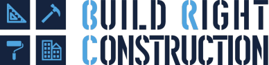 Logo for Build Right Construction with tools and buildings.