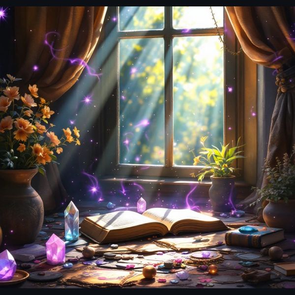 A mystical writing scene featuring an open spellbook surrounded by glowing crystals.