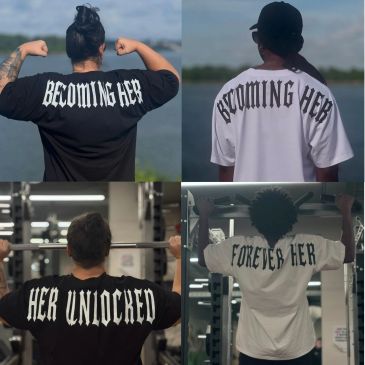 Four people wearing shirts with bold text on the back.