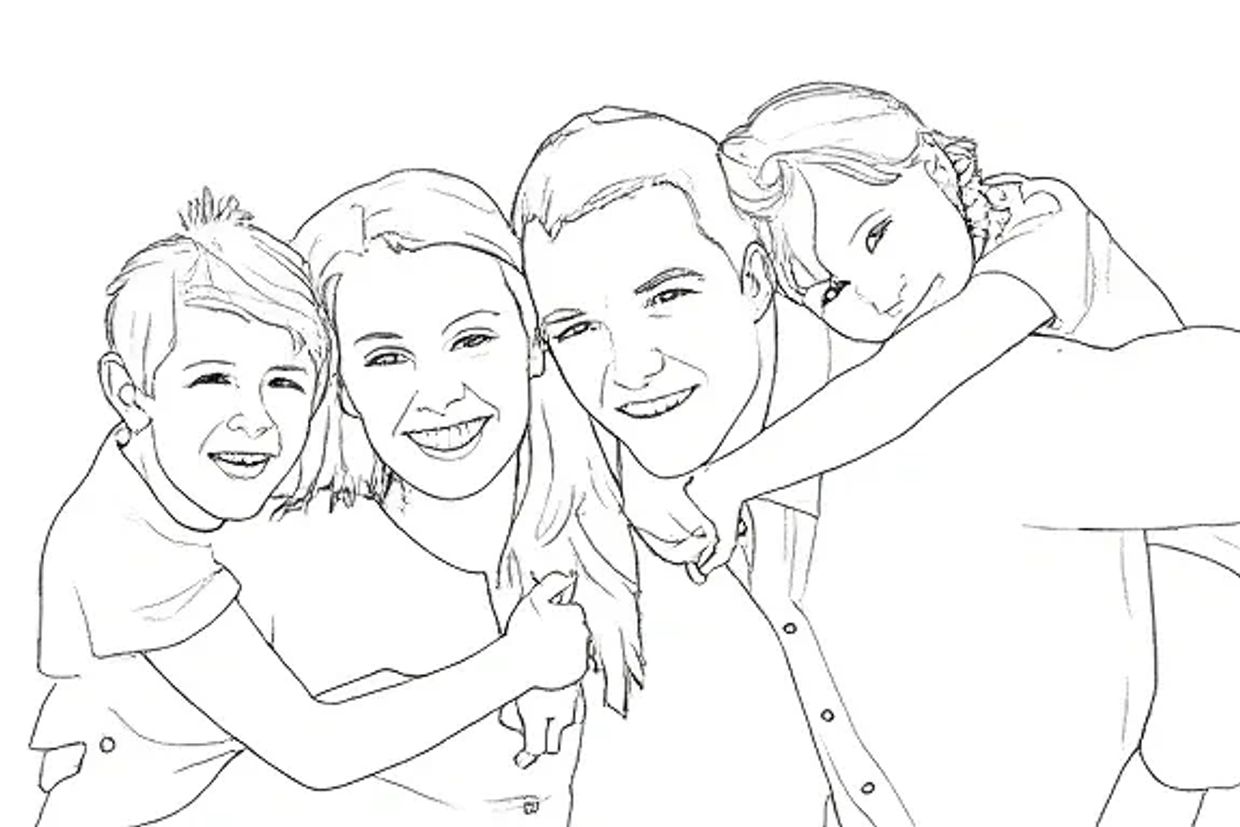 Black and white sketch of a smiling family with two children.