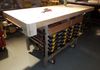 rolling workbench with maple top, end vise, storage bins, and drawers