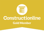 Gold Member badge of Constructionline with a column icon on a yellow background.