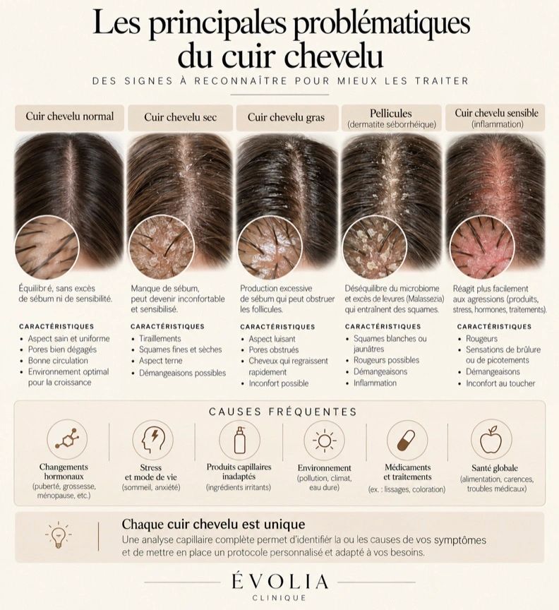 Infographie des principales problématiques du cuir chevelu avec leurs causes et caractéristiques.
