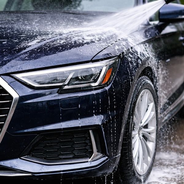 Blue sedan being rinsed during exterior car wash service in Villa Rica GA