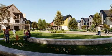 People enjoy a sunny day in a modern suburban neighborhood park.