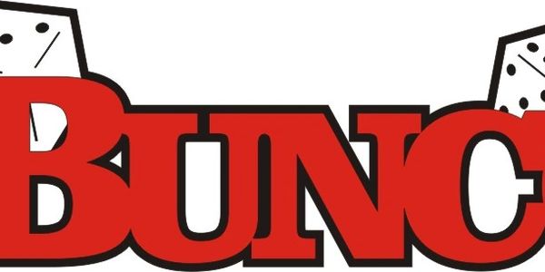 Close-up of red text 'BUNC' with dice on a white background.