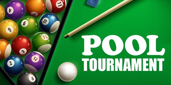 Pool tournament advertisement with colorful balls and cue stick.