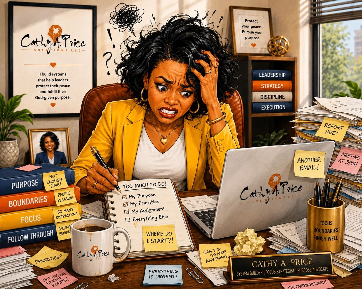Stressed woman overwhelmed by work and priorities at her cluttered desk.