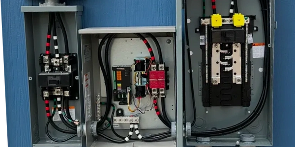 Electrical panels mounted on a blue exterior wall with organized wiring.
