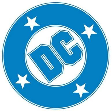 Blue circular DC logo with four stars around it.